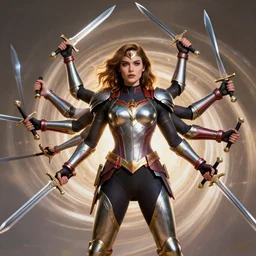 Ruby Rose as a six armed super hero Rita Wayword, Spiral. A female super hero, wearing form fitting metal armor, has six different arms each holding a sword