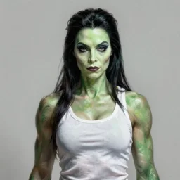 a dark haired very muscular morticia addams in a white tank top. highly detailed portrait, digital painting, sharp focus illustration, artstation hq. intricate, elegant. art by wlop and tooth wu and greg rutkowski and alena aenami and beeple, medium shot, green iridescent