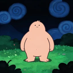 night chubby cartoon concept art, grass mountain landscape, from sam and max, black blue green, spiral clouds