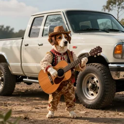 A folkpunk hound dog playing the guitar in front of a pickup truck