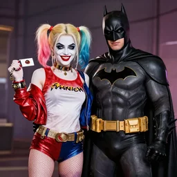 full character image of a fusion between batman and harley quinn.