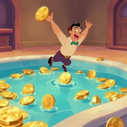 a gold coin's pool in a bank caveau, man jump inside the pool, in the style of disney