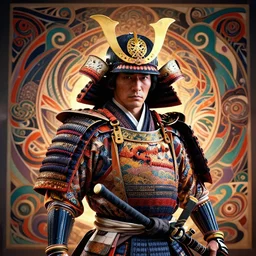 an ornate detailed japanese samurai in front of an intricate background by aj fosik, micro detail, backlit lighting, octane renderer, colourful, physically based rendering, tribal art, trending on cgsociety
