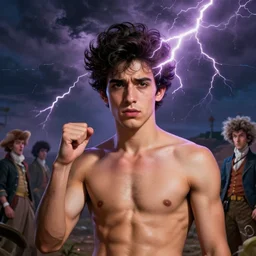 masterpiece portrait of a ( ( ( candy ) ) ), ( ( guapo joven portugues principe machote sin camisa ) ), tormenta y magia, relampagos, concept character, by greg rutowski and tezuka and oi and mucha and bierstadt and remington, trending on artstation