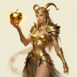 character design turnaround! concept art! eris goddess of chaos holding an reflective gold!!! metal apple