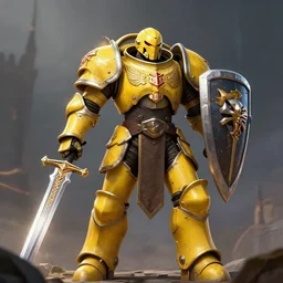 dynamic portrait of a cyclopean warforged character in yellow armor holding a paladin engraved longsword and carrying a big shield, epic , trending on ArtStation, cinematic lighting, by Jesper Ejsing