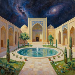 persian garden in a galactic fortress. this oil painting by the award - winning mangaka has dramatic lighting, an interesting color scheme and intricate details.