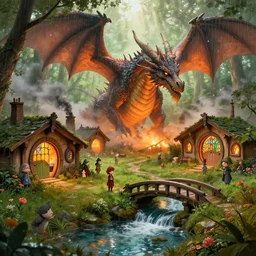 burning medieval hobbit homes attacked by a huge dragon, centered, ornate, beautiful, atmosphere, vibe, mist, smoke, chimney, rain, well, wet, pristine, puddles, waterfall, clear stream, bridge, orange, green, stained glass, forest, flowers, concept art illustration, color page, 4 k, tone mapping, doll, akihiko yoshida, james jean, andrei riabovitchev, marc simonetti, yoshitaka amano, digital illustration, greg rutowski, volumetric lighting, sunbeams, particles, rembrandt