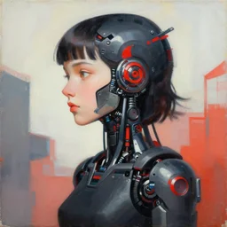Futuristic portrait painting of a cyborg girl with black and red robotic parts, medium shot, asymmetrical, profile picture, Organic Painting, sunny day, Matte Painting, bold shapes, hard edges, street art, trending on artstation, by Huang Guangjian and Gil Elvgren and Sachin Teng