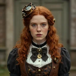 photo of a twenty year old woman in steampunk fashion by wes anderson, red hair, freckles