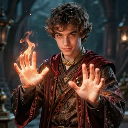a stunning portrait of a young human wizard, forming a burning hand spell, highly detailed digital art, 4 k trending on artstation