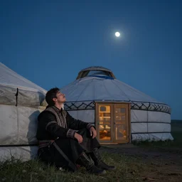 a lonely turkic Warrior looks up to the sky at the moon, sitting near a central Asian styled yurt, Anor Londo, dramatic lighting, cinematic, establishing shot, extremely high detail, photorealistic, cinematic lighting, artstation, by simon stalenhag