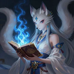 gorgeous!!! hyper - realstic kitsune, divine, sorceress, holding a tattered magical book, casting a flame spell, blue flames | drawn by wlop, drawn by jeehyung lee, drawn by artgerm | fantasy, dark, intricate, highly detailed, digital painting, character design, concept art, illustration, artstation