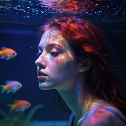 female head in a aquarium, lights caustic, tropical fish, surreal photography by Man Ray