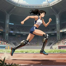 Female athlete sprinter in a race with cyborg legs, cinematic stillframe, diesel punk, art deco stadium, artstation, contrasty, anime, otomo