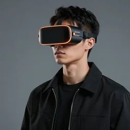 a stylish young man wearing a futuristic cyberpunk virtual reality hud which covers the whole face, in the style of giorgetto giugiaro, orange glowing edges, insanely integrate, 8 k, productphoto, full shot, studiolight
