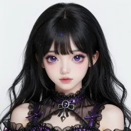 adult woman ; black hair galaxy texture ; starry eyes ; wearing gothic clothes ; cute ; idol ; bright colours ; drawn by mengo yokoyari ; cinematic ; high detail ; trending on artstation ; digital art ; anime key visual