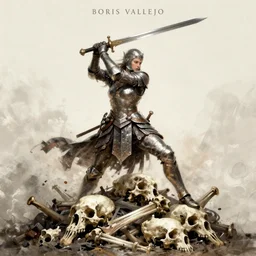 a valkyrie swinging a greatsword atop a pile of bones painted by boris vallejo, epic fantasy, soft details, illustration, album cover, HD, trending on artstation, intricate
