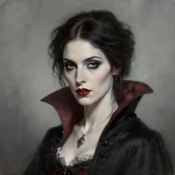 head and shoulder professional portrait of a victorian female vampire, painted in the style of bloodborne, muted colors, vampire fashion