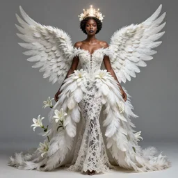 full body portrait of beautiful black woman as the swan queen, glowing crown, beautiful flowy feathered gown, intricate white lilies, beautiful baroque lace detail, highly detailed, digital painting, artstation, concept art, smooth, sharp focus, illustration, art by wlop, mars ravelo and greg rutkowski
