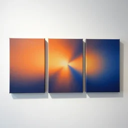 triptych canvas hyperrealistic rendering on very beautiful white wall with beautiful contrast of light and shadow, orange to blue gradient luminescence, professional foto, front elevation, optical illusion, close - up, in focus, reflection, cinematic frame