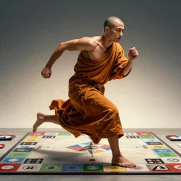 male monk running at full speed without shirt, hyper realism, cinematic, volumetric lighting, Epic composition, octane render, Smooth gradients, High contrast, board game cover art,