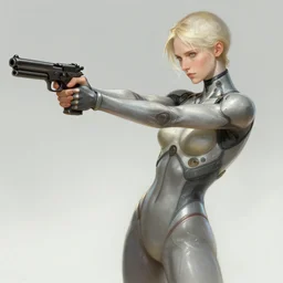 a digital concept art by artgerm and greg rutkowski and alphonse mucha. clear portrait of 2 b nier automata in a skintight suit aiming a gun!! hyper detailed, character concept, full body!! dynamic pose, glowing lights!! intricate, elegant, highly detailed, digital painting, artstation, concept art, smooth, sharp focus, illustration