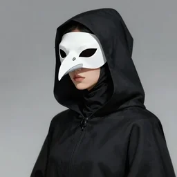 female plague doctor donning a black hood, gown, and a white crow mask, trending on artstation