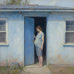 a pregnant woman outside the door of a small suburban house, dusty blue. beautiful painting by artgerm and greg rutkowski