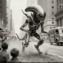 old black and white photo, 1 9 1 3, depicting a biomechanical alien war machine rampaging through the bustling streets of new york city, historical record