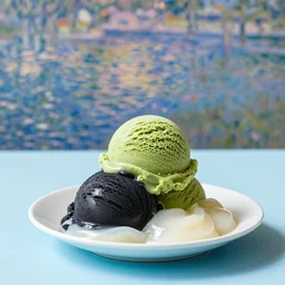 matcha ice cream with black ice cream and white jelly served on a sky blue table, greg rutkowski, claude monet, conrad roset, takato yomamoto, frederick edwin church, rule of thirds, foodie, beautiful,