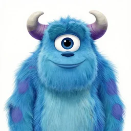 A realistic drawing of a blue fuzzy monster with purple horns and one big cute eye