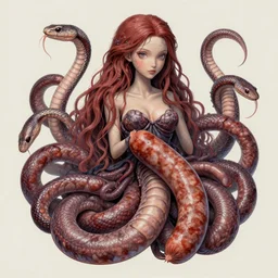medusa with sausages instead of snakes, sausage hair, photorealistic, illustration, intricate details, masterpiece