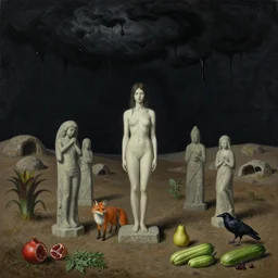 black dripping sky, realistic painting of black dripping sky, a barren landscape, tall emo girl, stone sculptures, a fox, a pear, dark clouds raining black ink, boulders, caves, pomegranate, bromeliads, herbs, raven, courgettes, berries, zen, sensual, surrealist painting by magritte and monet and rousseau