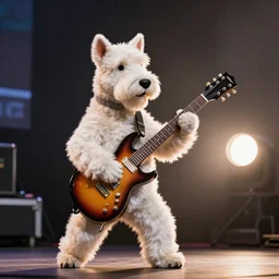 photo still of an anthropomorphic westie on stage at vans warped tour!!!!!!! shredding an electric guitar on stage, 8 k, 8 5 mm f 1. 8, studio lighting, rim light, right side key light