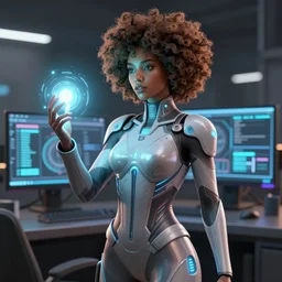 a woman in a futuristic suit holding a glowing light, a computer rendering by Artgerm, featured on cgsociety, afrofuturism, daz3d, zbrush, futuristic