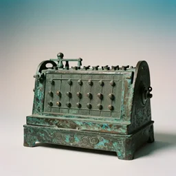 carved bronze ancient computers, film photo, soft lighting album cover, nostalgia, gradient