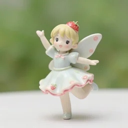 a ceramic figurine of a cute funny strawberry fairy with a frilly floral dress featured on yotsubato, by hayao miyazaki, pastels, wide angle, dynamic pose, 🎀 🍓 🧚