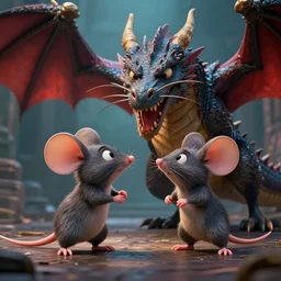 cartoon mice fighting a dragon, 8K, octane render, unreal engine, dramatic lighting, cinematic, establishing shot, extremely high detail, foto realistic, cinematic lighting, post processed, concept art, high details, cinematic, 8k resolution, beautiful detailed, photorealistic, digital painting, artstation, concept art, smooth, sharp focus, artstation trending, octane render, unreal engine