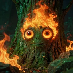 detailed rocky scene with flames, a close up of a funny tree monster fire spirit, with detailed large glowing eyes, and flaming hair by maurice sendak, shaun tan made in hyperrealistic 3 d, octane render, dark green colours, sharp focus, 8 k, nighttime