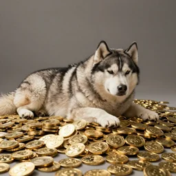 fat husky resting atop a horde of golden coins, fantasy concept art by rembrandt
