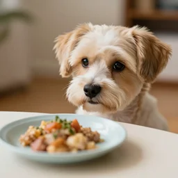a cute dog stares longingly at dinner, photo