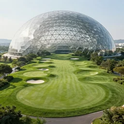 futuristic golf course with a giant geometric dome covering it, concept art