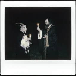 trail _ camera _ photo _ of _ a _ breaton monks looking like rasputin with lit candles and a goat performing sacred liturgy!!! _ realistic _ spooky _ grimdark _ night _ black _ and _ white, polaroid