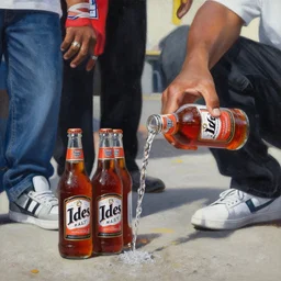 a close up painting of los angeles crip gang members pouring st. ides malt liquor on the ground in honor of a dead homie, front porch of a home in compton california, closeup, low angle, green grass, westside, midday, in the style of vermeer