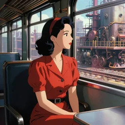 portrait of a beautiful girl with dark hair dressed in 1940's fashion sitting in the interior of a train, looking outside the window beside her to the dieselpunk city outside of the window, rich vivid colors, ambient lighting, dynamic lighting, 4k, HQ, official media, anime key visual, makoto shinkai, ilya kuvshinov, lois van baarle, rossdraws, detailed, trending on artstation