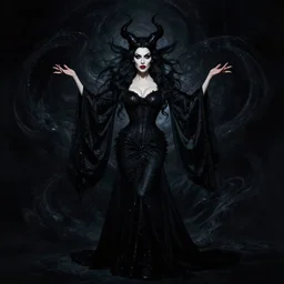 style of j. c. leyendecker : : gorgeous willa holland : : evil witch, swirling black magic, black dress : : symmetrical face, symmetrical eyes : : full body pose : : gorgeous black hair : : magic lighting, low spacial lighting : :
