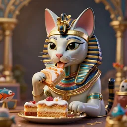 highly detailed closeup, portrait of a tin toy egyptian cat goddess eating cakes, unreal engine, nicoletta ceccoli, mark ryden, earl norem, lostfish, global illumination, detailed and intricate environment