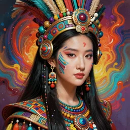 portrait of liu yifei, hyper detailed ultra sharp aztec shaman warrior. trending on artstation, warpaint aesthetic, bloodwave, colorful, psychedelic, ornate, intricate, digital painting, concept art, smooth, sharp focus, illustration, art by artgerm and greg rutkowski and h. r. giger, 8 k