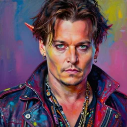 johnny depp as an apocalyptic scifi orcish ellen degeneres biker character, psychedelic vibrant colors, futuristic punk rock fashion, oil painting by michael whelan art, perfect face, sharp focus, detailed eyes, realistic, 8 k